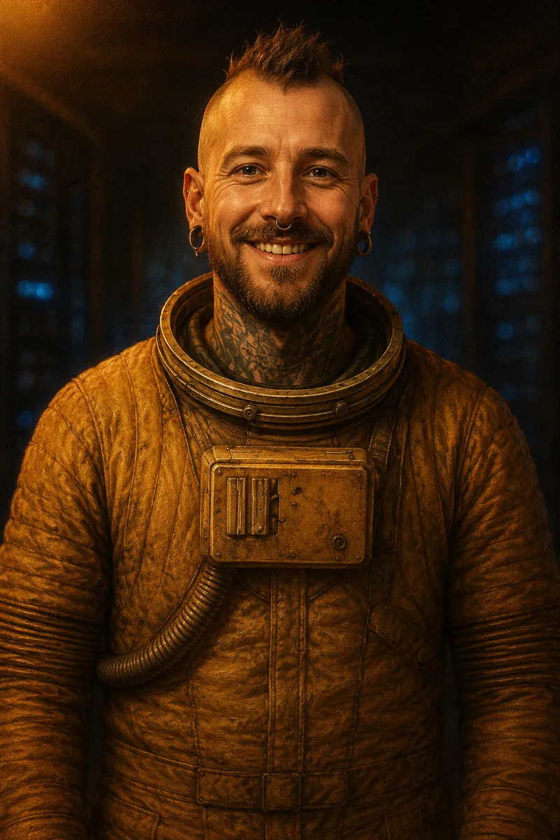 A smiling man with a mohawk, septum and ear piercings and tattooed neck, in a brass pressure suit, in the blue glow of a server aisle