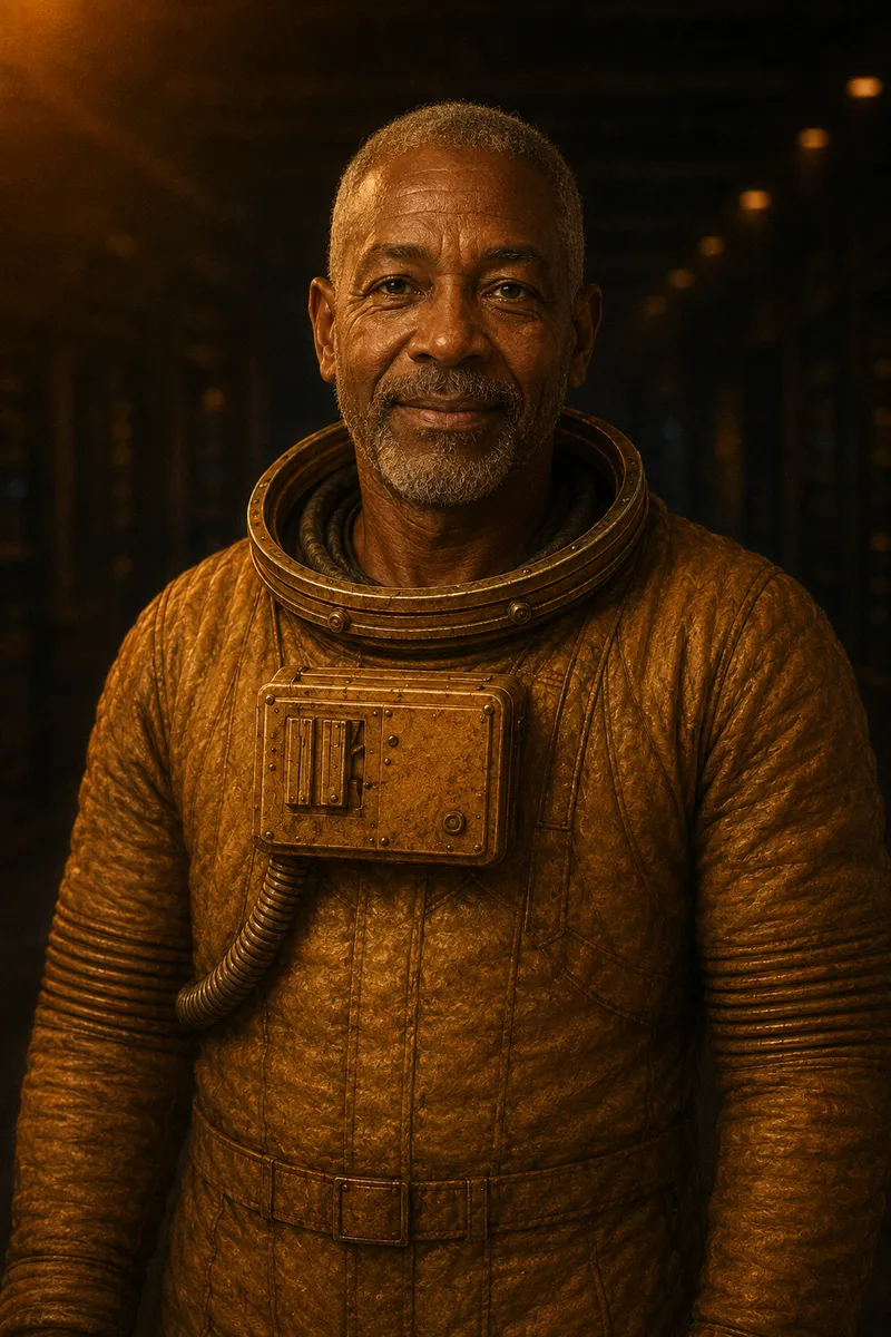 A smiling man in his sixties with close-cropped grey hair and a beard, in a brass pressure suit, a dim hall of equipment behind him