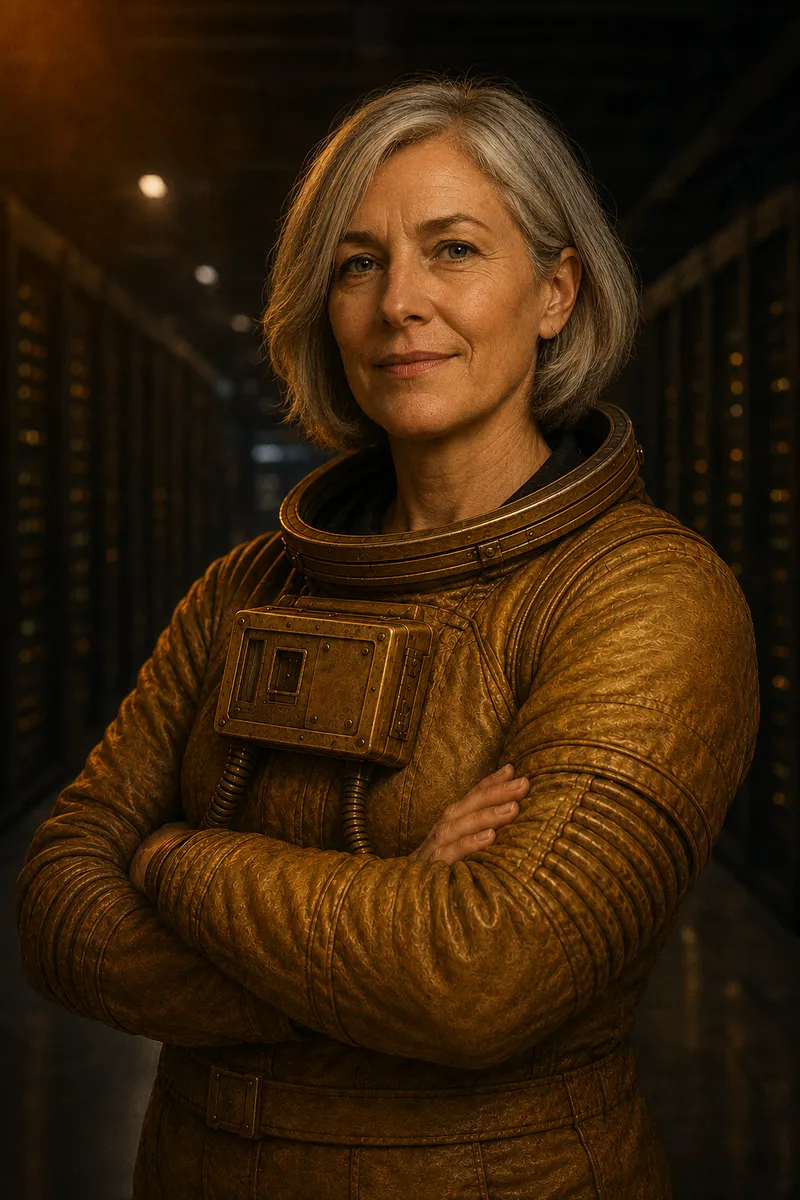 A woman in her fifties with a silver bob, arms crossed, in a brass pressure suit, an aisle of server racks behind her