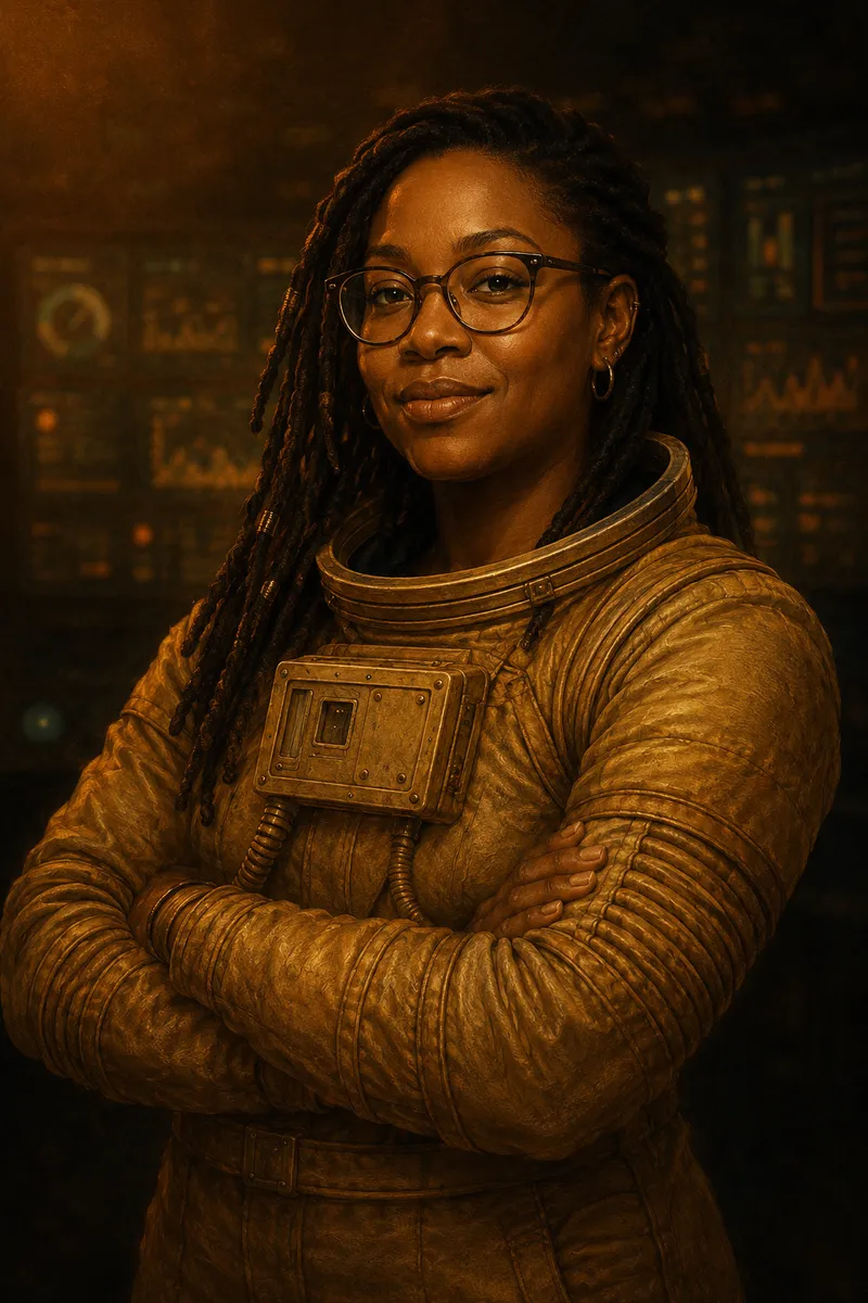 A smiling woman with locs and glasses, arms crossed, in a brass pressure suit, a dim wall of dashboards behind her