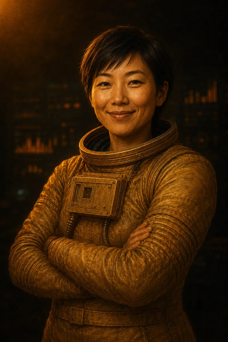 A smiling woman with short hair, arms crossed, in a brass pressure suit, faint graphs on the wall behind her