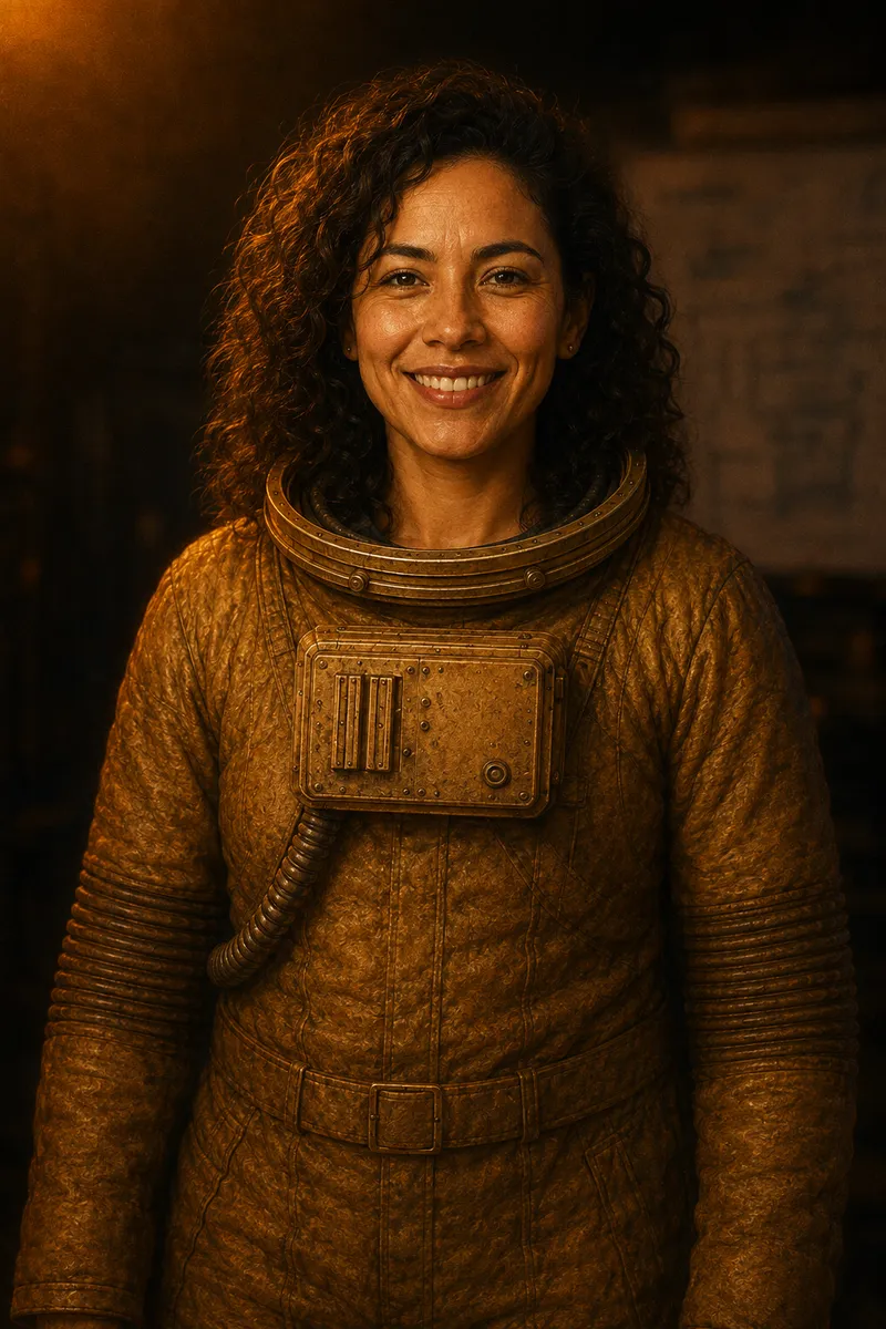 A smiling woman with curly hair, in a brass pressure suit, a whiteboard behind her