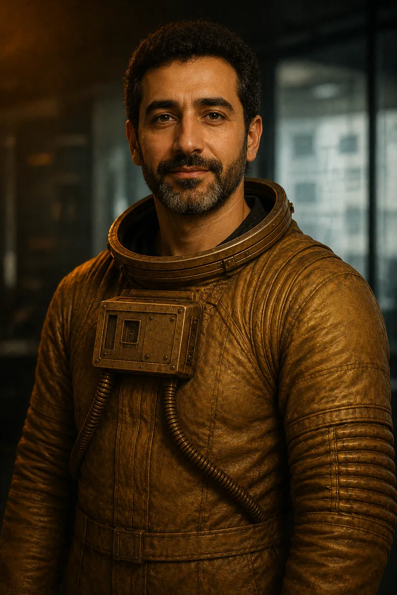 A man with a short beard, in a brass pressure suit, a glass office wall behind him